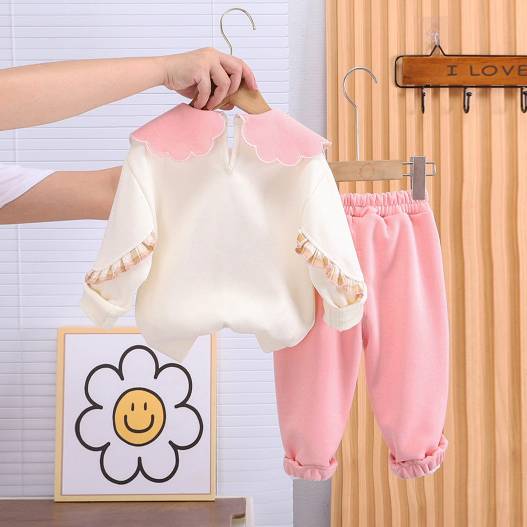 Girls Pink Peter Pan Collar Bow Embroidery Sweatshirt With Pants Set Sets   