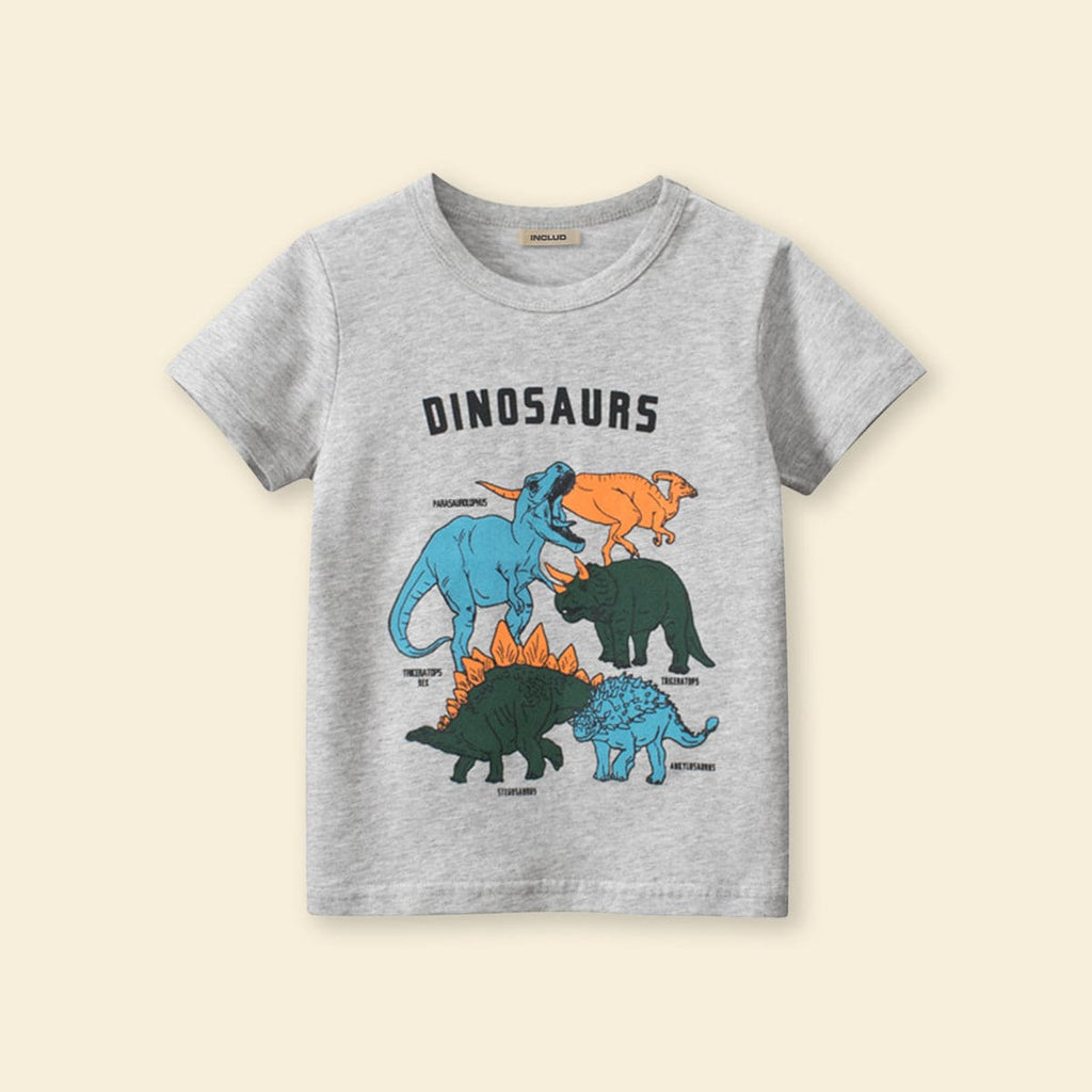 Boys Grey Dinosaur Print Shorts Sleeves T-shirt Tshirts   