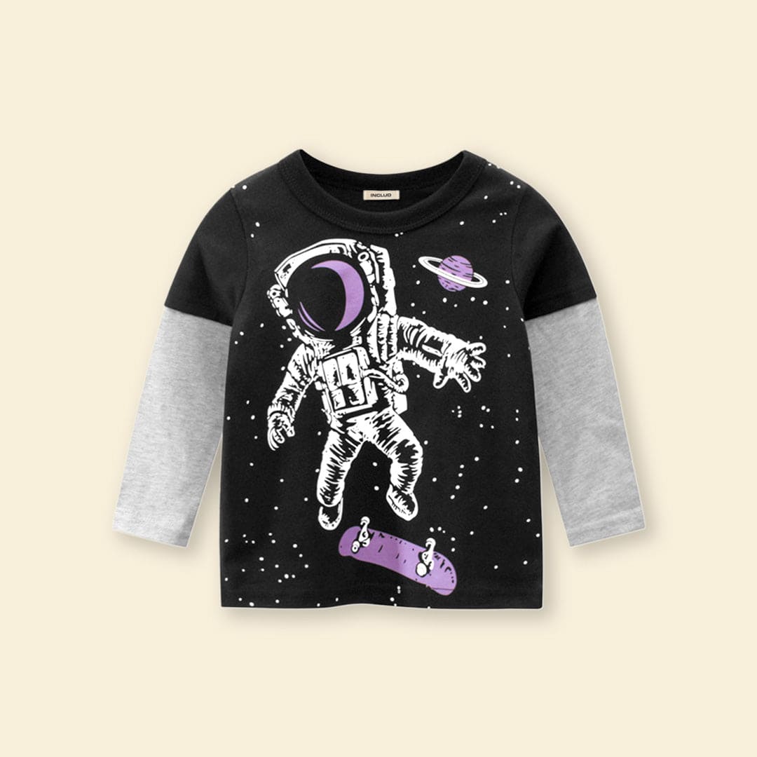 Boys Black Astronaut Print Doctor Sleeves T-shirt Tshirts