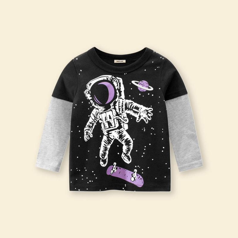 Boys Black Astronaut Print Doctor Sleeves T-shirt Tshirts
