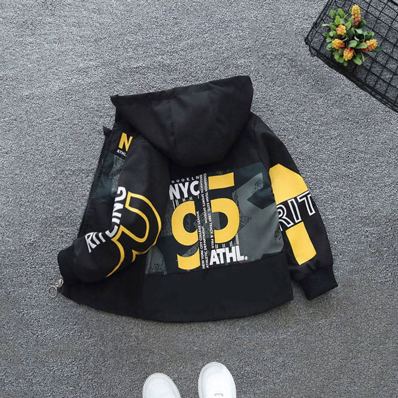 Boys Yellow Letter Printed Front Open Trendy Hooded Jacket Coats & Jackets   