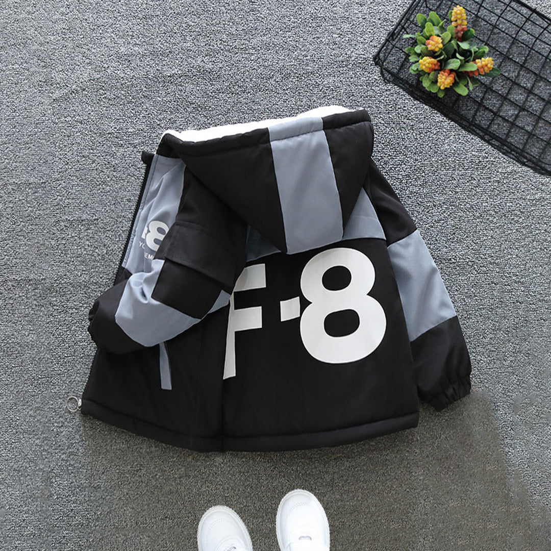 Boys Grey Color-blocked Long Sleeves Hooded Fur Lined Jacket Coats & Jackets