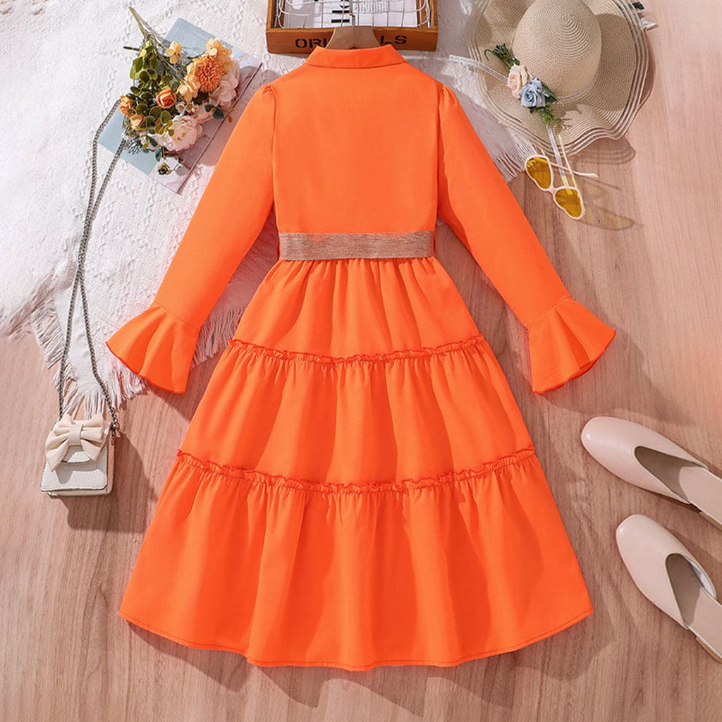 Girls Vibrant Orange Tiered Bell Sleeve Button-Down Dress with Belt Casual Dresses