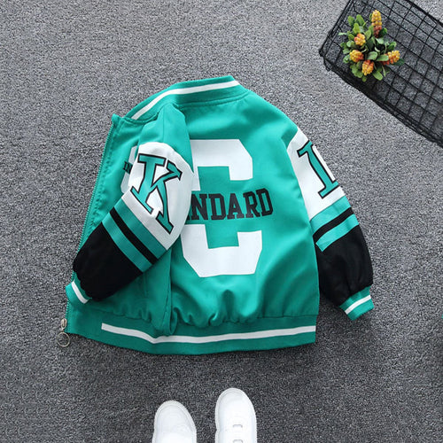 Boys Green Printed Front Open Varsity Bomber Jacket Coats & Jackets