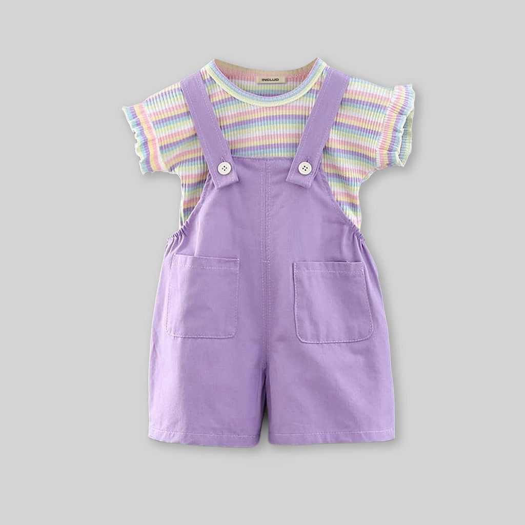 Girls Purple Multistripe T-shirt with Dungaree Set Sets   