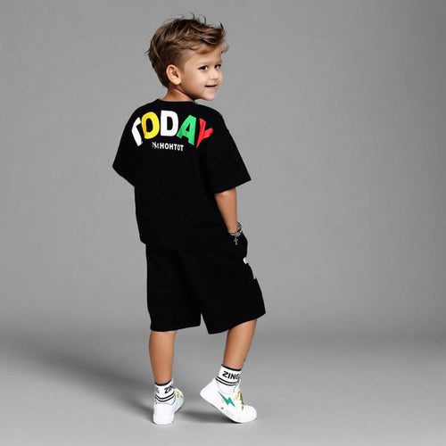 Boys Black Graphic T-Shirt With Graphic Shorts Sets