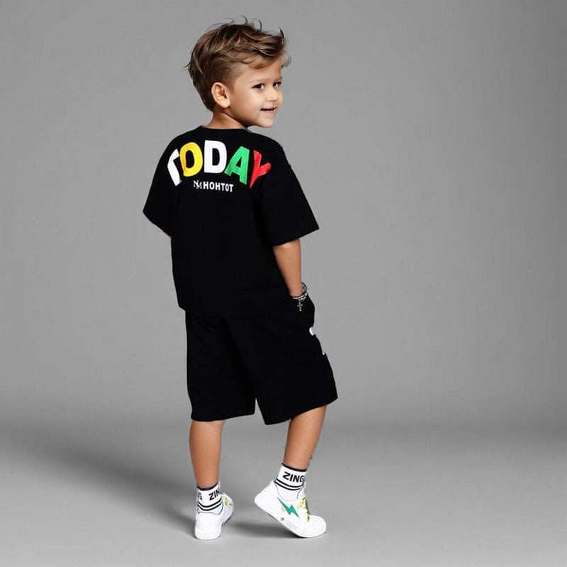 Boys Black Graphic T-Shirt With Graphic Shorts Sets