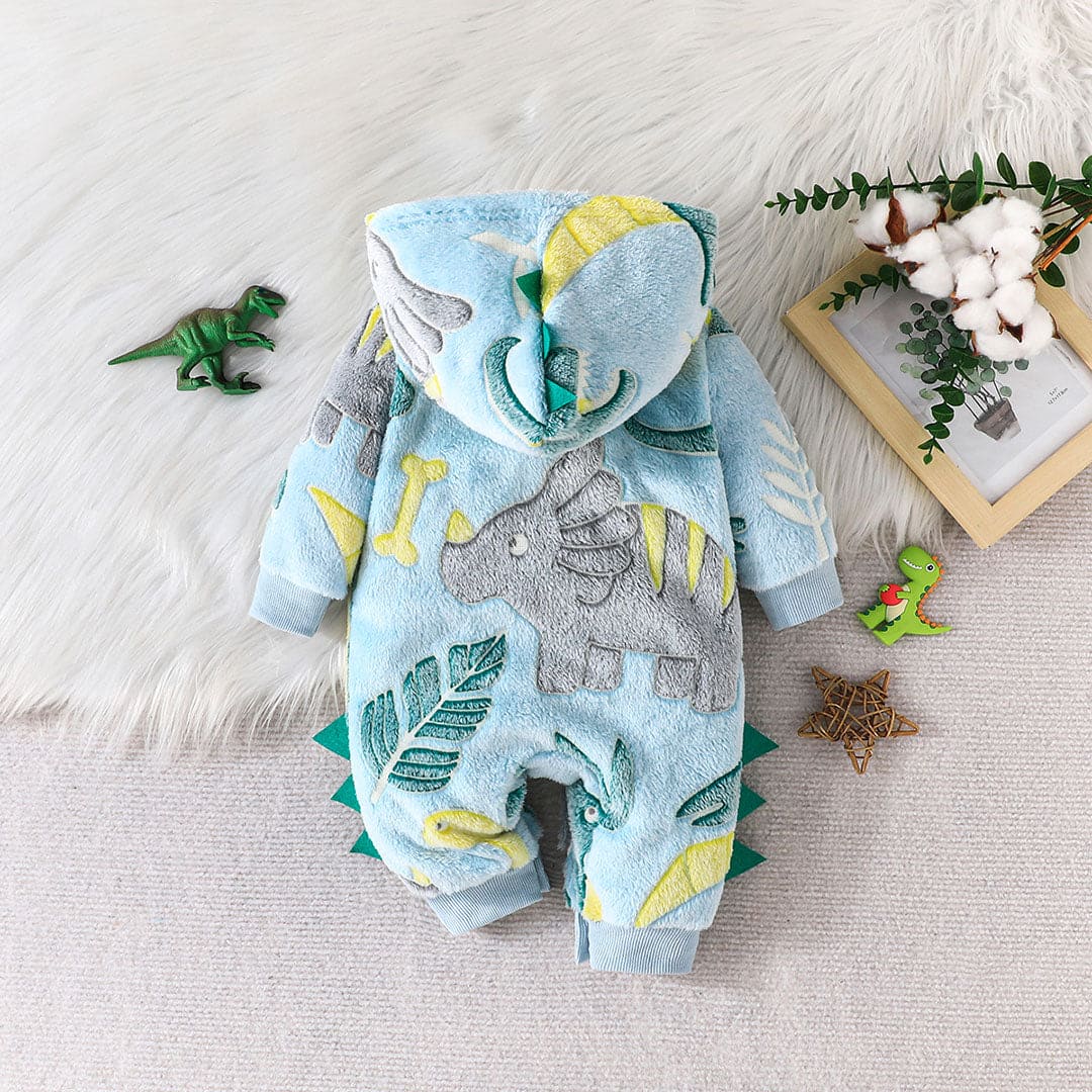 Boys Teal Blue Hooded Printed Fleece Romper Jumpsuits   