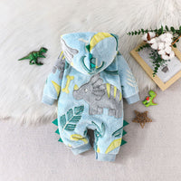 Boys Teal Blue Hooded Printed Fleece Romper Jumpsuits   