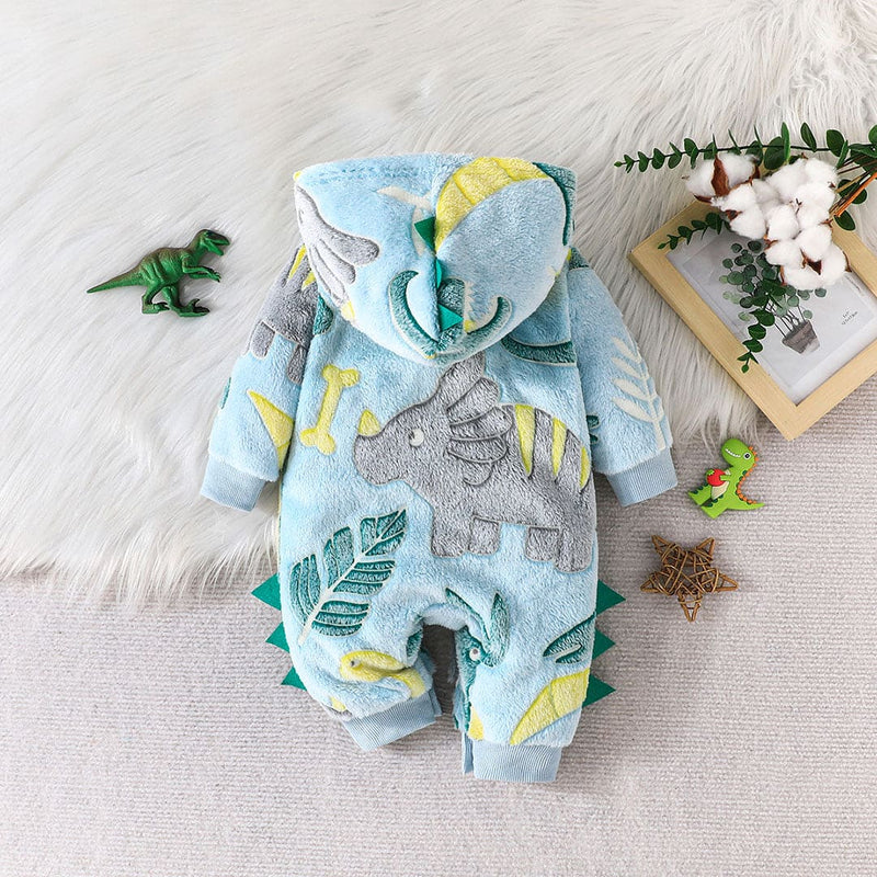 Boys Teal Blue Hooded Printed Fleece Romper Jumpsuits   