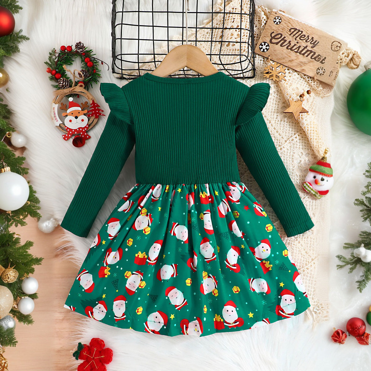 Girls Green Christmas Print Full Sleeves Fit & Flare Dress Casual Dresses   