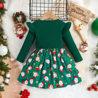 Girls Green Christmas Print Full Sleeves Fit & Flare Dress Casual Dresses   