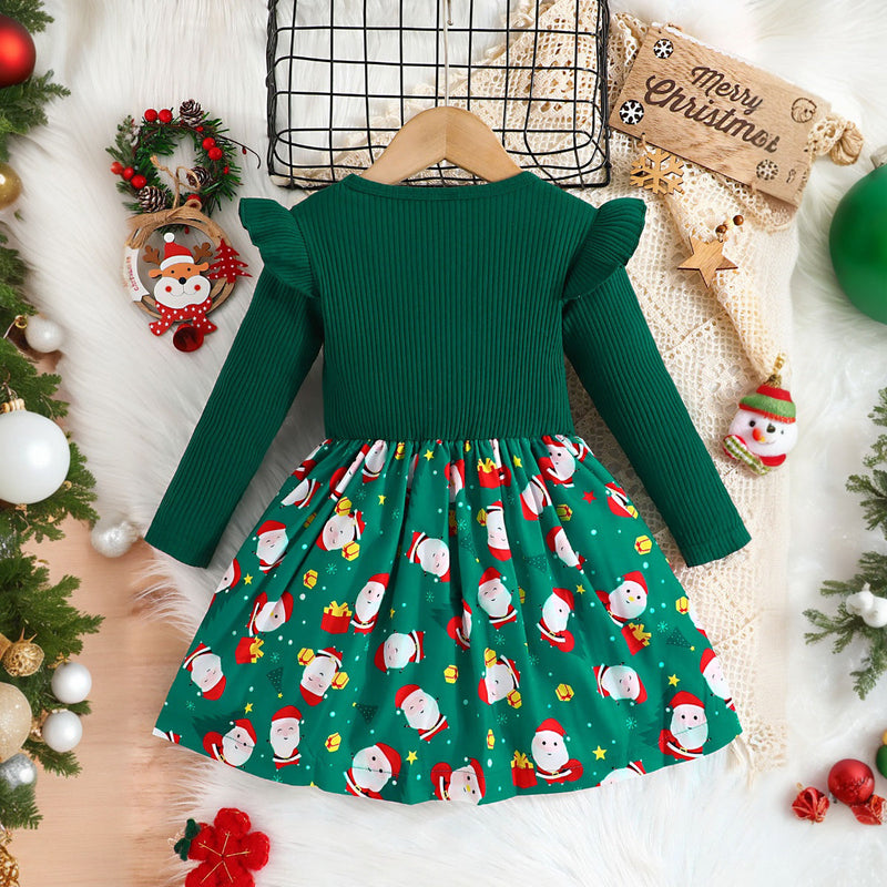 Girls Green Christmas Print Full Sleeves Fit & Flare Dress Casual Dresses   