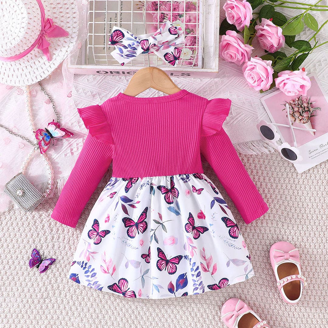 Girls Pink Long Sleeve Butterfly Printed Dress With Bow Casual Dresses   
