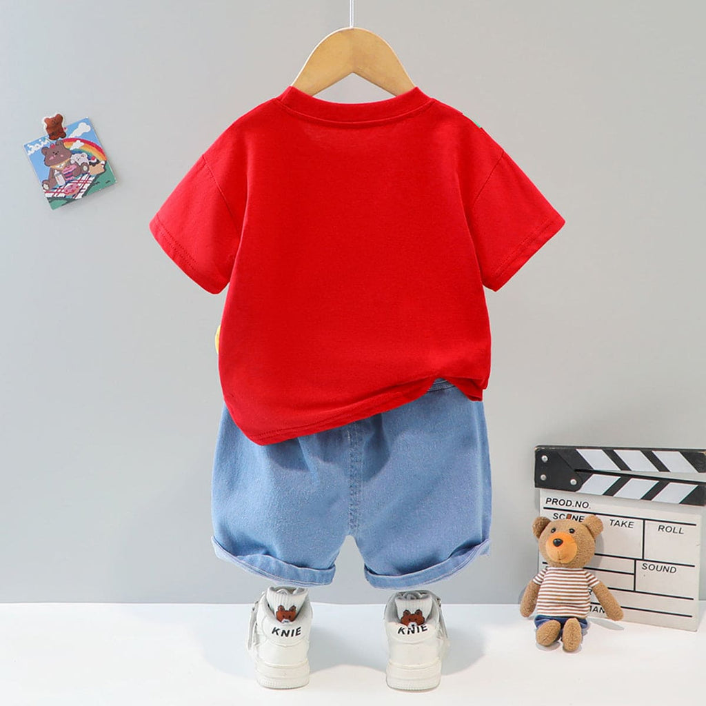 Boys Red 3D Patch Applique T-shirt & Denim Shorts Set Sets