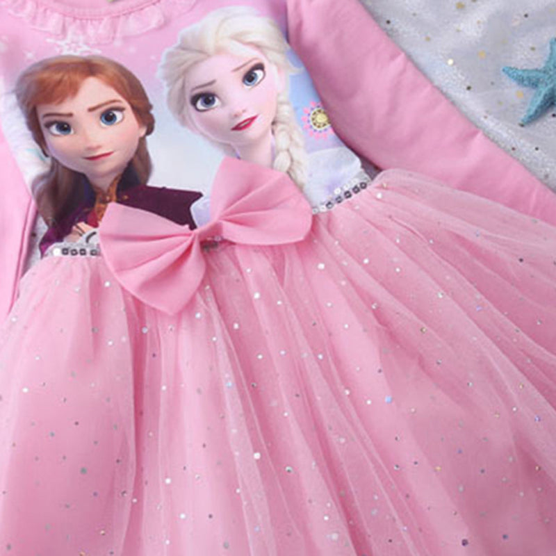 Girls Long Sleeve Frozen Princess Printed Dress Party Dresses   