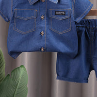 Boys Navy Blue Denim Shirt with Shorts Set Sets