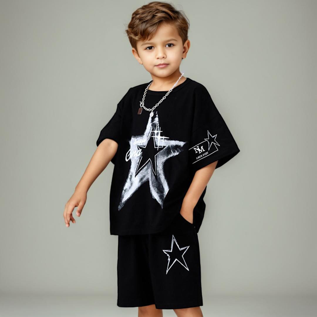 Boys Black Printed T-shirt with Shorts Set Sets   