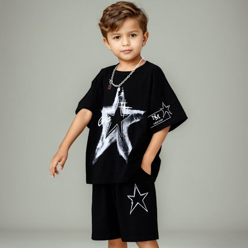 Boys Black Printed T-shirt with Shorts Set Sets   