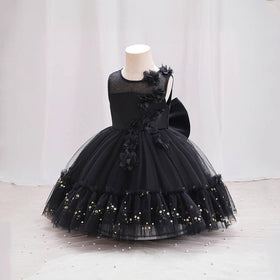 Girls Black Flower Embellished Partywear Dress With Back Bow Party Dresses