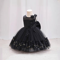 Girls Black Flower Embellished Partywear Dress With Back Bow Party Dresses