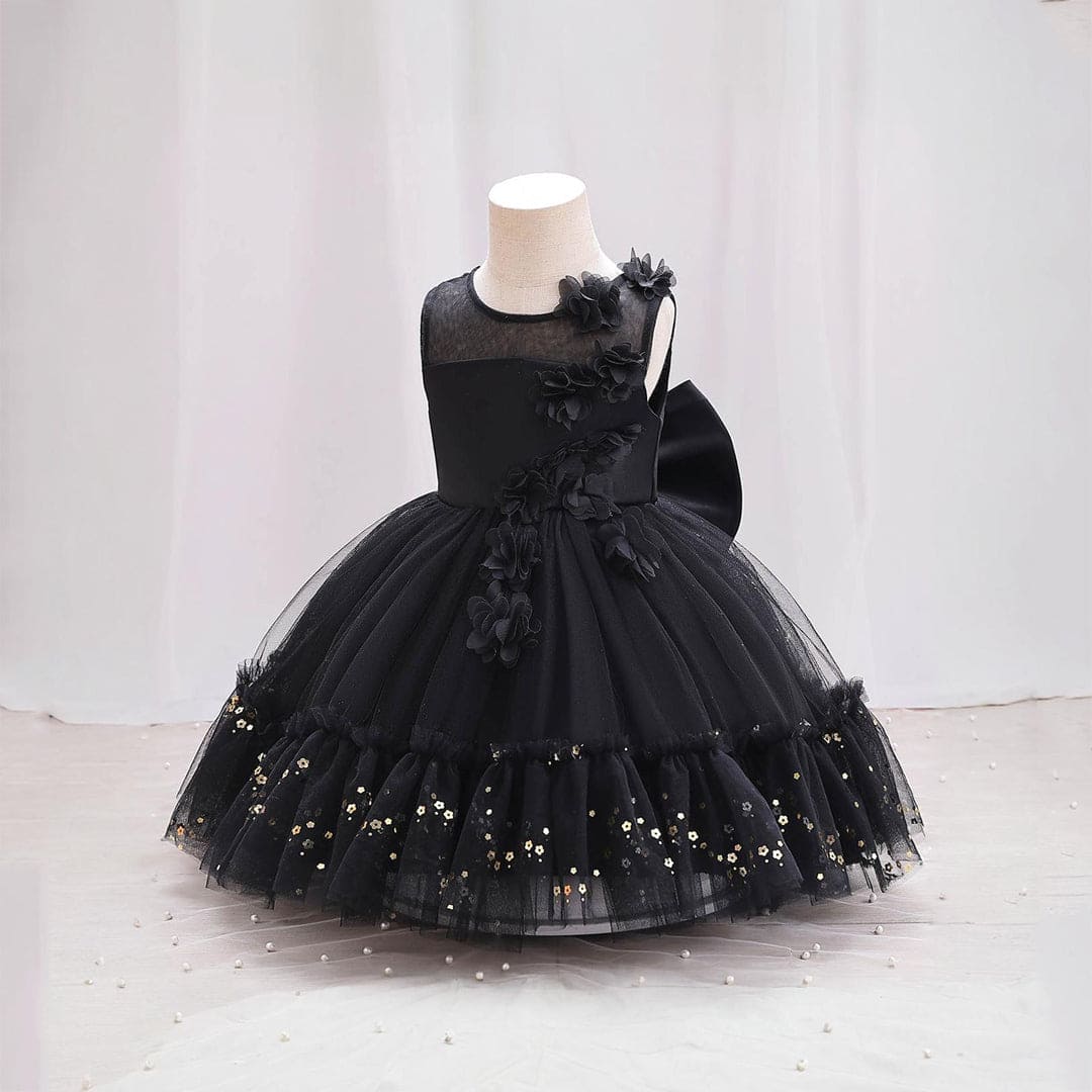 Girls Black Flower Embellished Partywear Dress With Back Bow Party Dresses