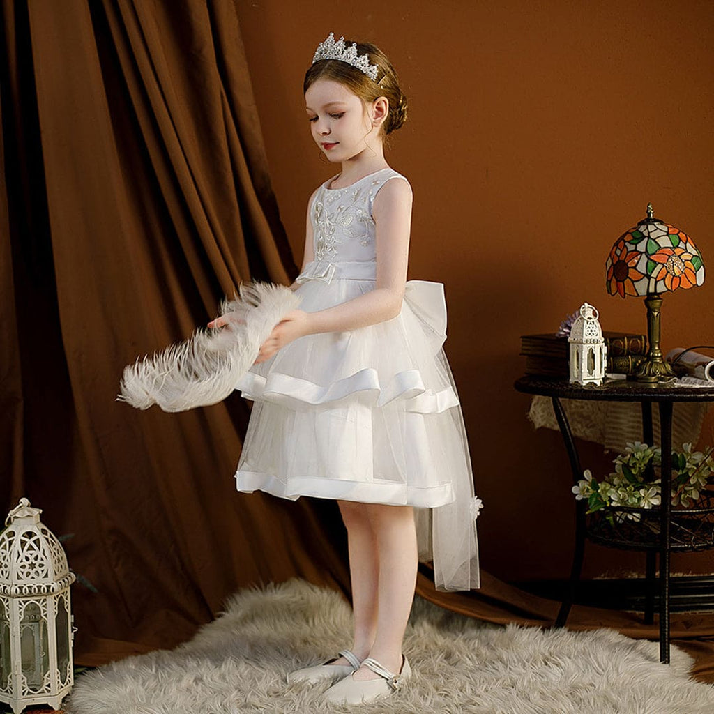 Girls White High Low Princess Partywear Dress With Bow Party Dresses