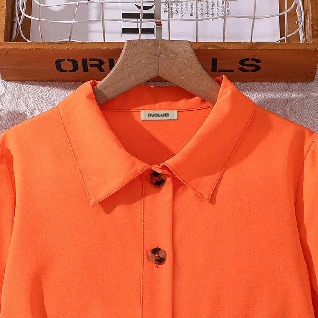 Girls Vibrant Orange Tiered Bell Sleeve Button-Down Dress with Belt Casual Dresses