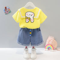 Girls Yellow Peter Pan Collar Top with Cuffed Jeans Shorts Sets