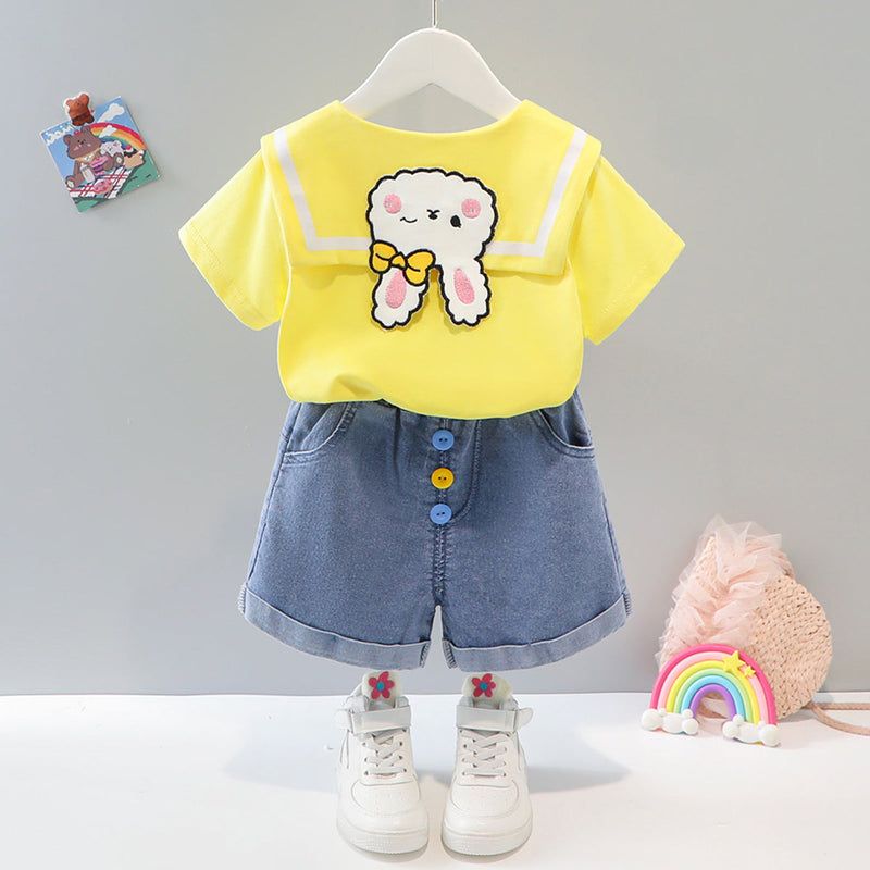 Girls Yellow Peter Pan Collar Top with Cuffed Jeans Shorts Sets