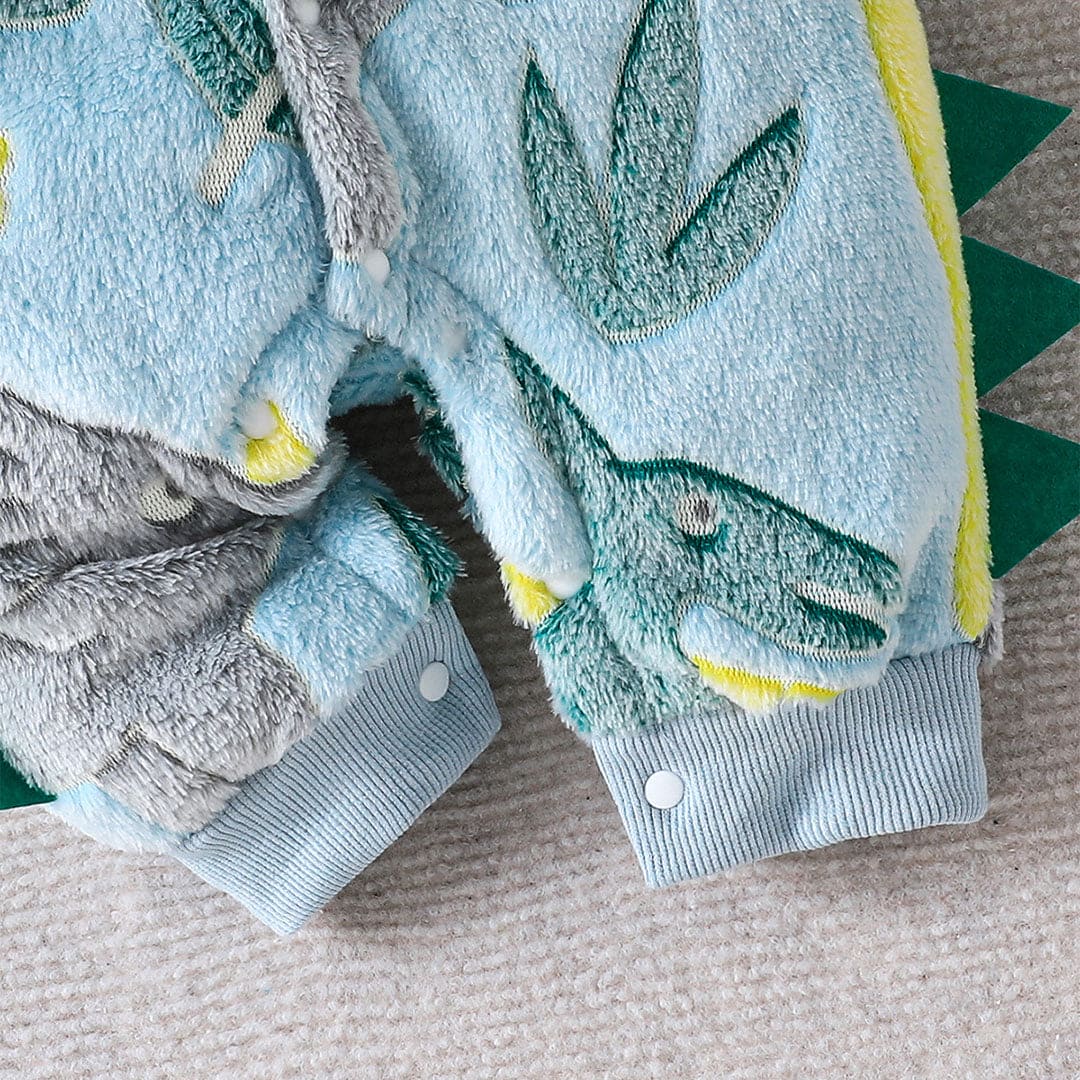 Boys Teal Blue Hooded Printed Fleece Romper Jumpsuits   