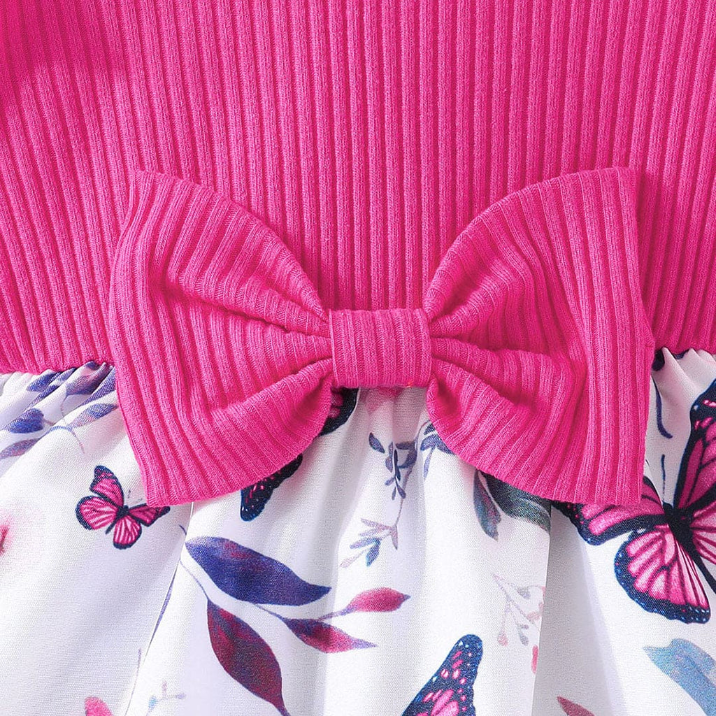 Girls Pink Long Sleeve Butterfly Printed Dress With Bow Casual Dresses   