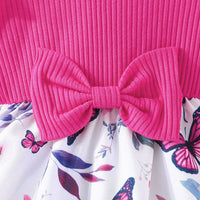 Girls Pink Long Sleeve Butterfly Printed Dress With Bow Casual Dresses   
