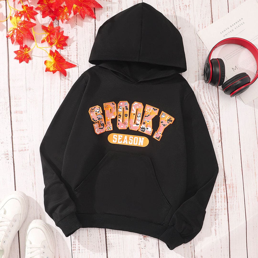 Girls Black Patchwork Hooded Sweatshirt Sweatshirts & Hoodies   