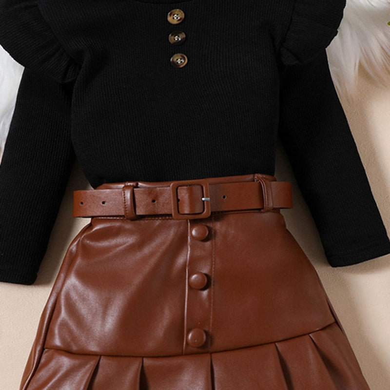 Girls Brown High Neck Top With Faux Leather Skirt Set Sets