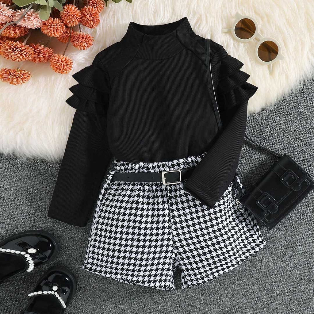 Girls Long Sleeve High Neck Top With Houndstooth Shorts Set 2 pc. Sets