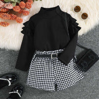 Girls Long Sleeve High Neck Top With Houndstooth Shorts Set 2 pc. Sets