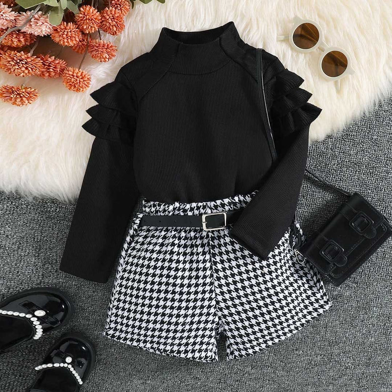 Girls Long Sleeve High Neck Top With Houndstooth Shorts Set 2 pc. Sets