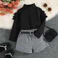 Girls Long Sleeve High Neck Top With Houndstooth Shorts Set 2 pc. Sets Black 1-2 Y