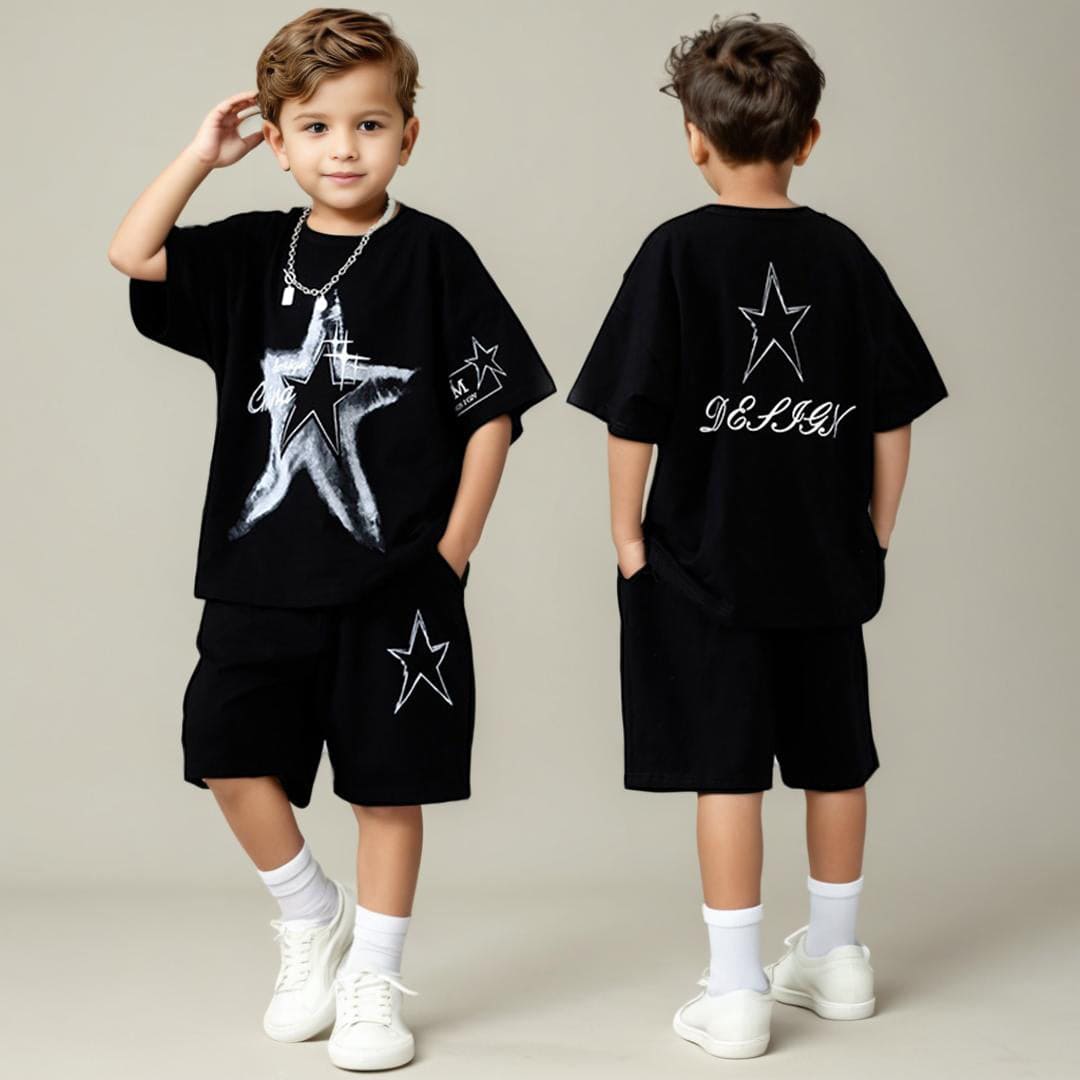 Boys Black Printed T-shirt with Shorts Set Sets   