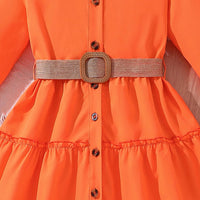 Girls Vibrant Orange Tiered Bell Sleeve Button-Down Dress with Belt Casual Dresses