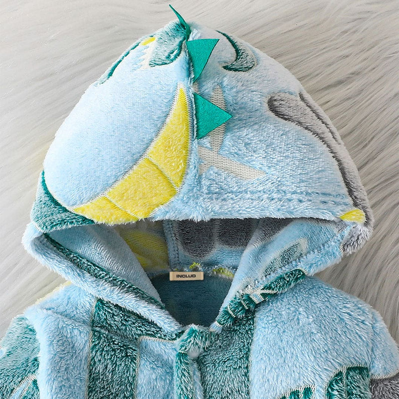 Boys Teal Blue Hooded Printed Fleece Romper Jumpsuits   