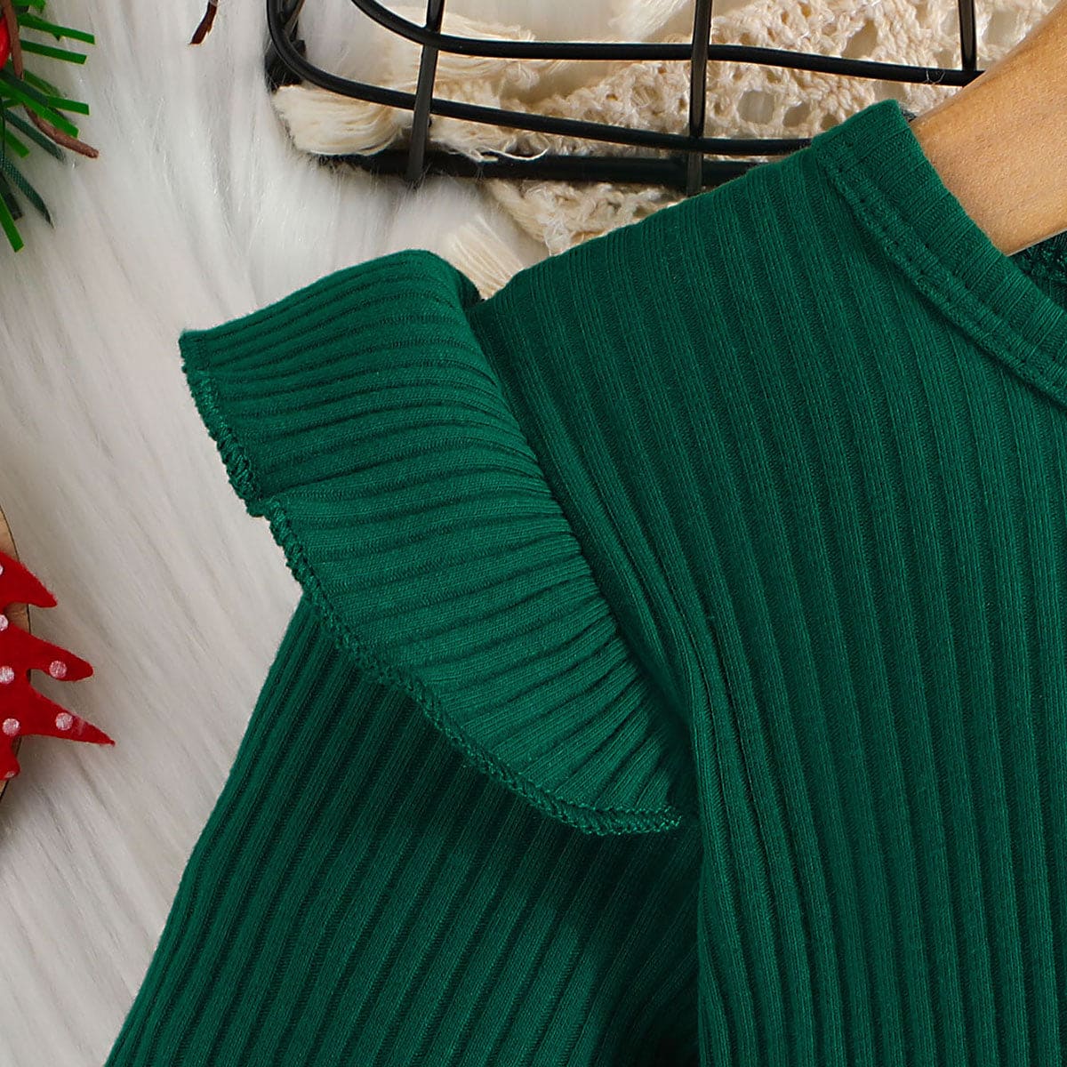 Girls Green Christmas Print Full Sleeves Fit & Flare Dress Casual Dresses   