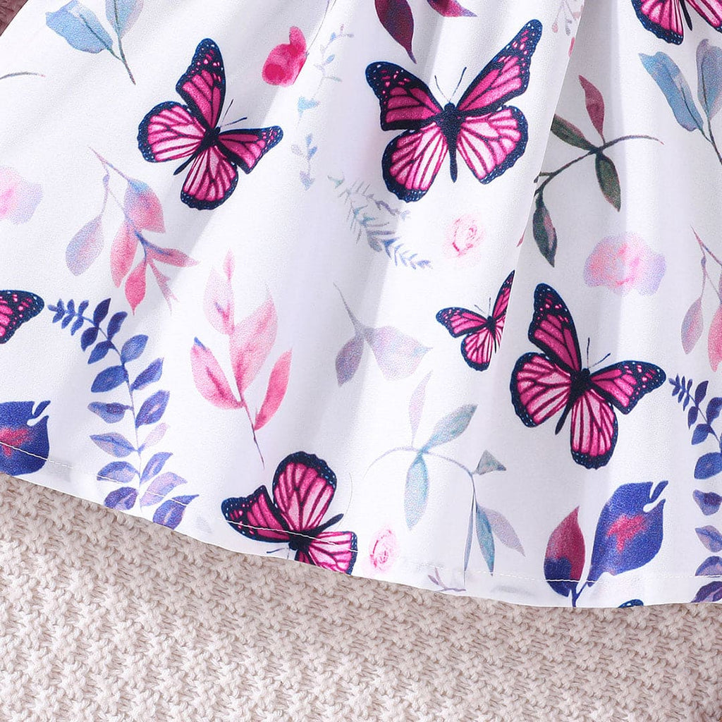 Girls Pink Long Sleeve Butterfly Printed Dress With Bow Casual Dresses   