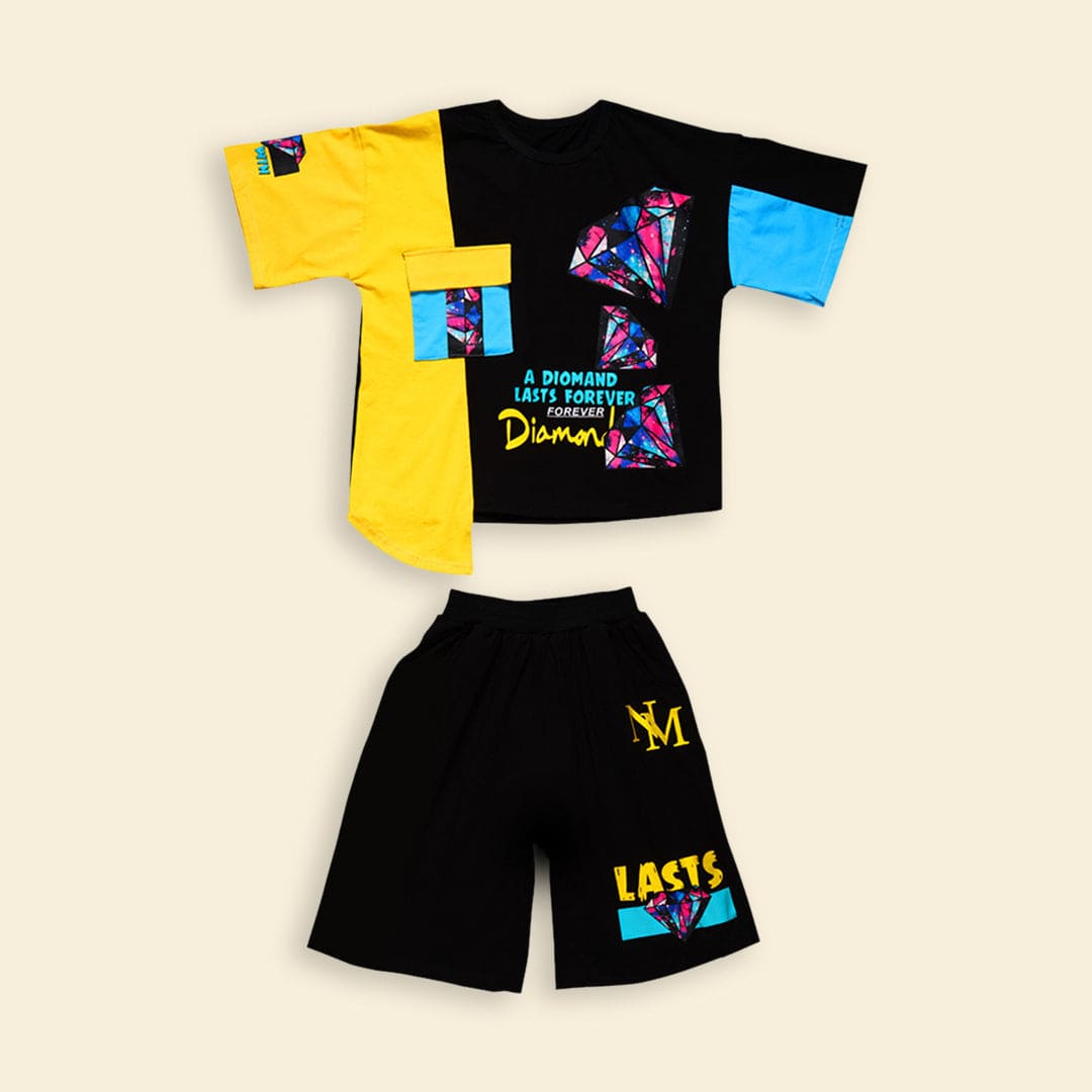 Boys Diamond Print T-Shirt With Shorts Sets   