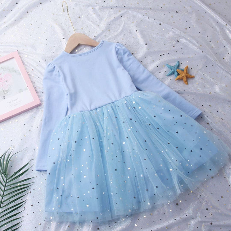 Girls Long Sleeve Frozen Princess Printed Dress Party Dresses   