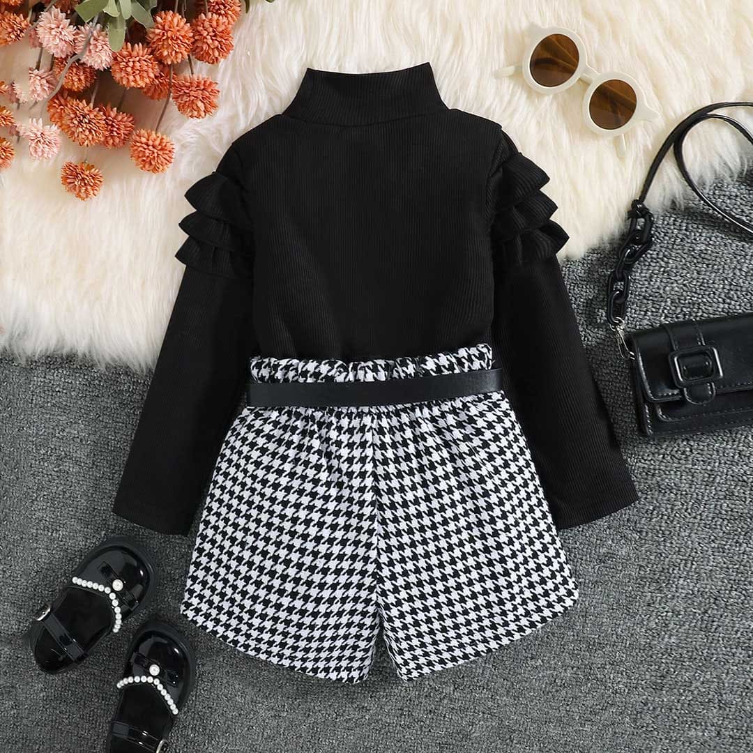 Girls Long Sleeve High Neck Top With Houndstooth Shorts Set 2 pc. Sets