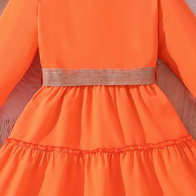 Girls Vibrant Orange Tiered Bell Sleeve Button-Down Dress with Belt Casual Dresses