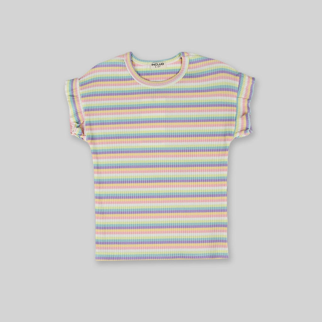 Girls Purple Multistripe T-shirt with Dungaree Set Sets   