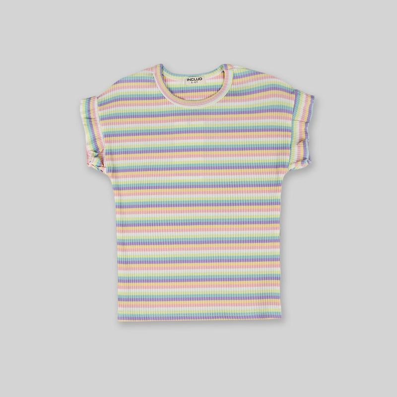 Girls Purple Multistripe T-shirt with Dungaree Set Sets   